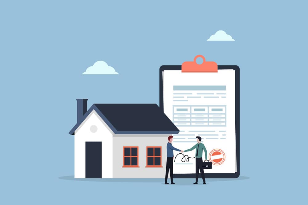 house with clipboard on blue background and agent shaking hand