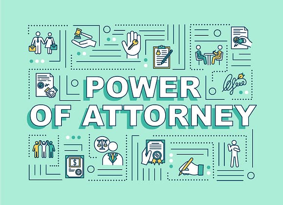 Power of Attorney text on turqoise background surrounded by icons
